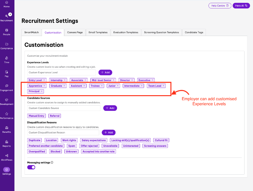 Recruitment Settings page with options for customising experience levels, candidate sources, and disqualification reasons. Custom experience levels such as Entry Level, Internship, Associate, and Team Lead are shown, with a red box highlighting the ability for employers to add customised experience levels. Sidebar includes navigation for SmartMatch, Customisation, Careers Page, Email Templates, Evaluation Templates, Screening Question Templates, and Candidate Tags.